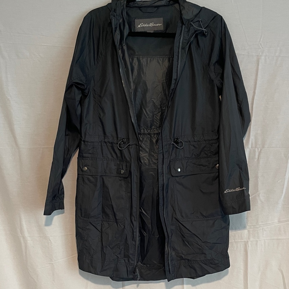 Eddie Bauer XS Charcoal Hooded zip up long Rain Jacket with drawstring waist
